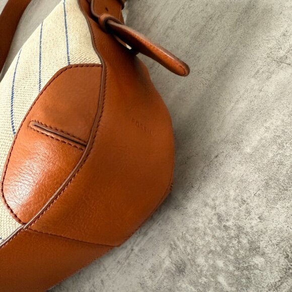 FOSSIL Tan W/ Blue Stripes HANNAH HOBO Canvas & Leather Shoulder Bag - Picture 11 of 16